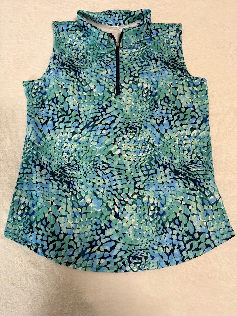 Jofit Sleeveless Zip Tank in Aqua and Teal Leaf Print Golf Activewear